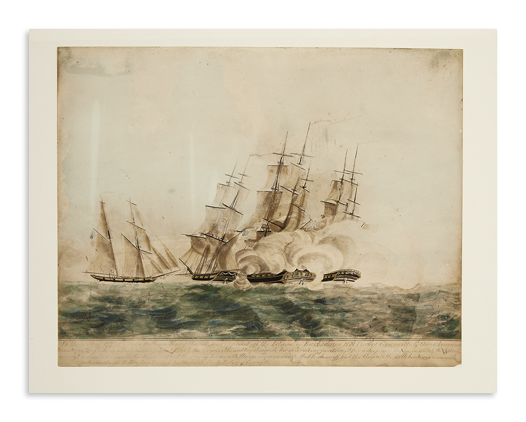 (AMERICAN REVOLUTION--1777.) Historical depiction of a 1777 naval engagement off Barbados.